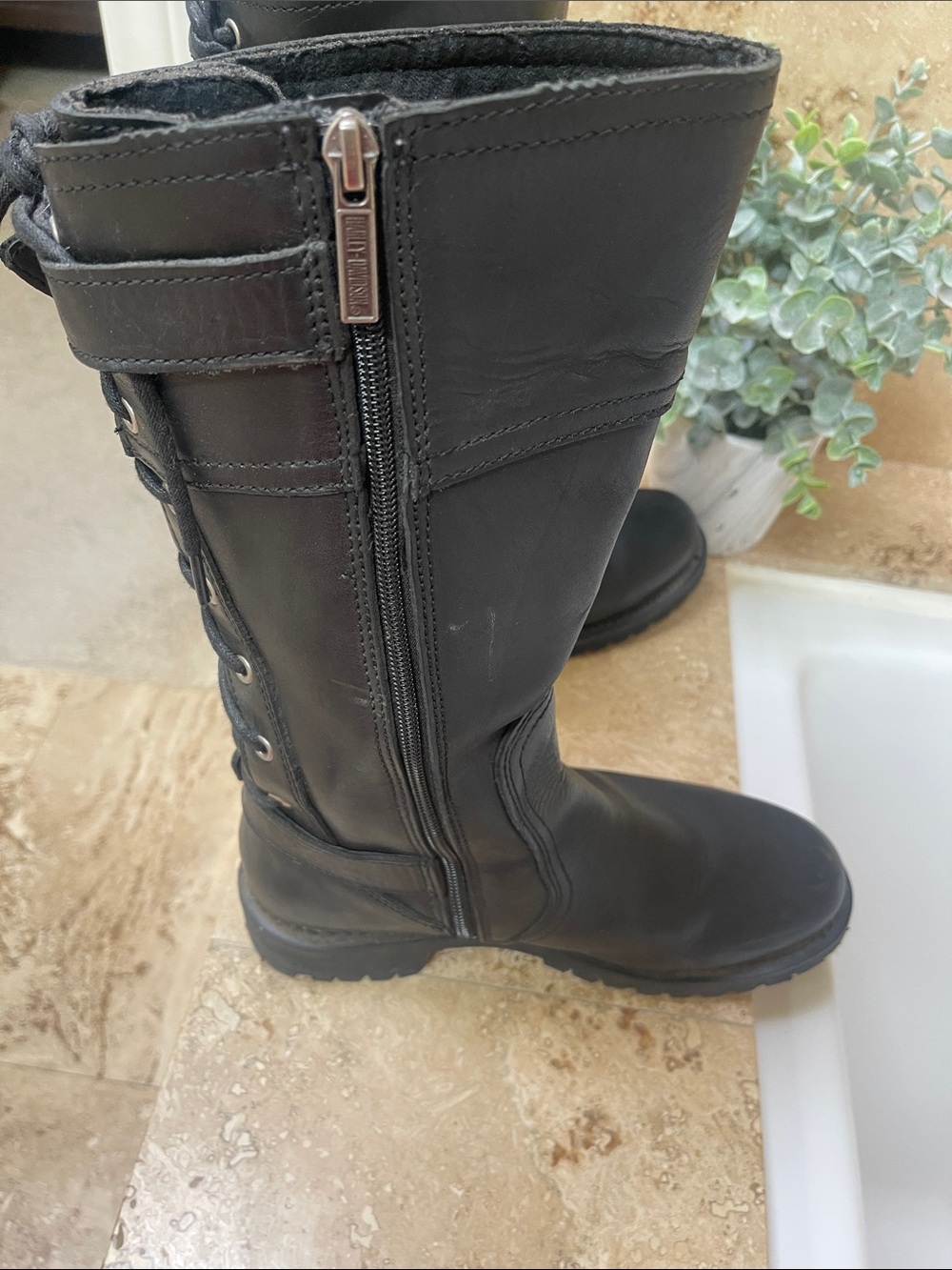 Harley-Davidson Black Leather Lace-Up Moto Boots with Buckle - Picture 2 of 6